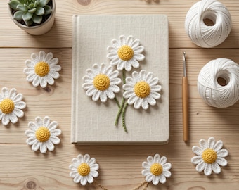 Flor de margarita de ganchillo, aplique de ganchillo, aplique floral de ganchillo, flor pequeña de ganchillo, flor decorativa de ganchillo, flor de ganchillo fácil, accesorios