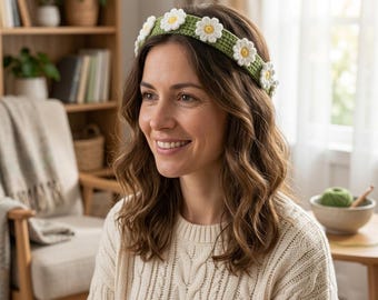 Patrón de diadema de margaritas a crochet, diadema de flores fácil a crochet, accesorio para el cabello estilo boho para principiantes, patrón de crochet para primavera y verano