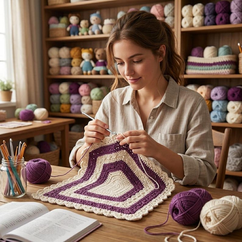 Puede incluir: Una persona tejiendo a ganchillo una pieza pentagonal con hilo crema y morado usando un ganchillo de metal. Un frasco de vidrio contiene varios ganchillos y un libro est&aacute; abierto sobre la mesa. Cerca hay ovillos de hilo morado y crema.