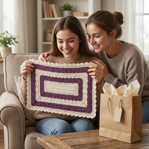 Puede incluir: Una alfombrilla de ganchillo rectangular con bandas alternas de hilo color crema y morado oscuro. El dise&ntilde;o incluye un rect&aacute;ngulo central crema, un borde morado con puntos texturizados y un acabado festoneado crema en todo el per&iacute;metro.