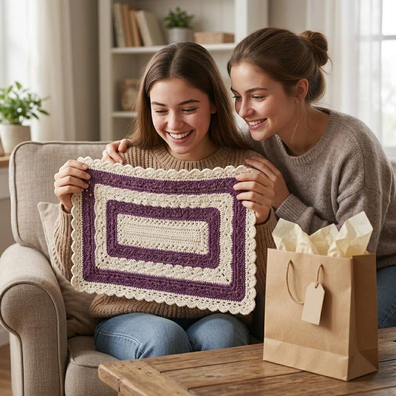 Puede incluir: Una alfombrilla de ganchillo rectangular con bandas alternas de hilo color crema y morado oscuro. El dise&ntilde;o incluye un rect&aacute;ngulo central crema, un borde morado con puntos texturizados y un acabado festoneado crema en todo el per&iacute;metro.