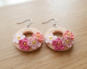 Patrón de pendientes de ganchillo con forma de mini jardín, aros de ganchillo, patrón de joyería floral, accesorio de ganchillo para principiantes