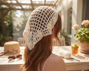Patrón de pañuelo de malla de ganchillo con flores para principiantes, patrón de pañuelo triangular de ganchillo, patrón de pañuelo de ganchillo para principiantes, bufanda de malla para el cabello