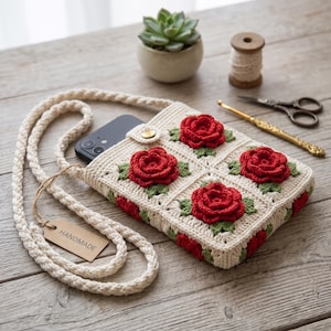 May include: A cream-colored crochet crossbody bag featuring four prominent red roses with green leaves on the front panel. The bag has a long braided strap, a gold-tone snap closure, and a brown paper tag with the word HANDMADE printed on it.