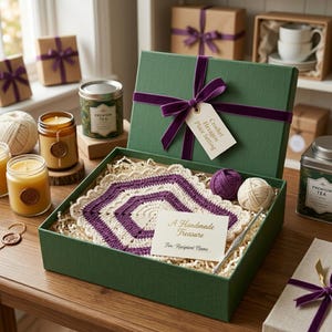 Puede incluir: Una caja de regalo verde que contiene un mantel individual hexagonal de ganchillo en color morado y crema, un ovillo de lana morada, un ovillo de lana crema y una tarjeta que dice A Handmade Treasure For: Recipient Name. Una etiqueta dice Crochet Hexagon Place Setting.