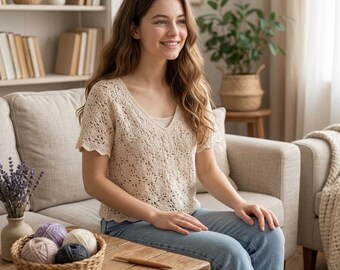 Patrón de blusa calada floral a crochet, top de encaje a crochet, patrón de blusa de malla de verano, camisa bohemia para mujer, ropa de crochet DIY