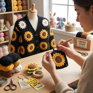 Può includere: Un cardigan nero con disegni di girasoli è esposto su un manichino. Una persona sta lavorando all'uncinetto un quadrato di girasole. Il tavolo ha filato, un girasole all'uncinetto e un'etichetta che dice "PREZZO DI VENDITA ERA: $99.99 ORA: $69.99".