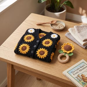Op de afbeelding: Een zwart gehaakt vest met een patroon van gele en bruine zonnebloemmotieven en witte madeliefjes, gesloten met zwarte knopen. Daarnaast ligt een bijpassende gehaakte rammelaar in de vorm van een zonnebloem met groene blaadjes en een beige ring.