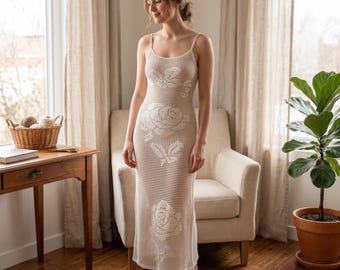 Patrón de vestido de ganchillo Rose Filet, vestido de encaje de ganchillo, patrón de vestido de malla floral, prenda de ganchillo para mujer, vestido de ganchillo de malla