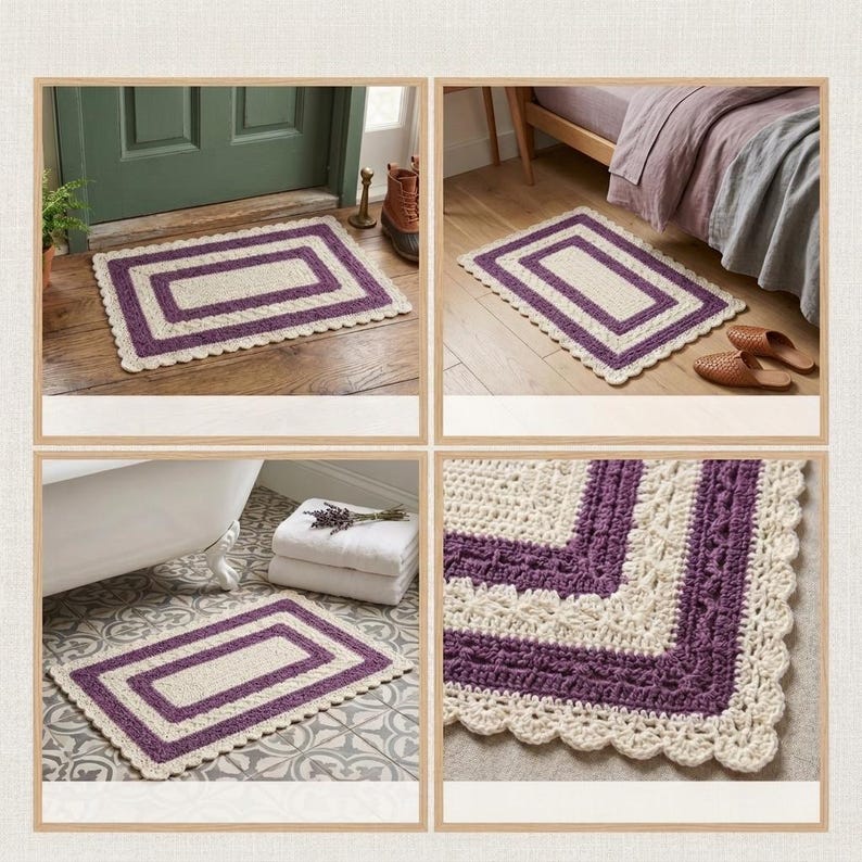 Puede incluir: Una alfombra rectangular de ganchillo con un centro de color crema bordeado por una banda de color morado intenso y un borde festoneado de color crema. La alfombra muestra un patr&oacute;n de puntos texturizado e intrincado, con un dise&ntilde;o en capas y un borde decorativo.