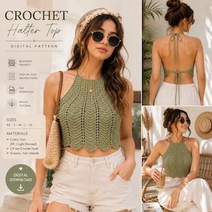 Può includere: Un top all'americana all'uncinetto color verde salvia con motivo a chevron e orlo smerlato. Il design presenta uno scollo alto e una schiena scoperta con chiusure a laccio. Il testo sull'immagine include CROCHET Halter Top DIGITAL PATTERN.