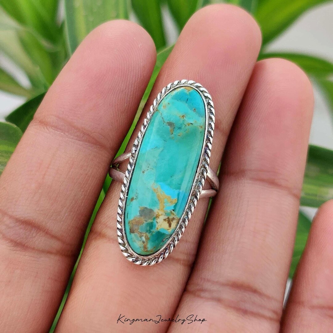Natural Kingman Turquoise Long Oval Ring, Sterling Silver Statement ...