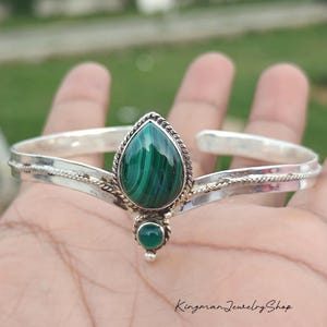 Natural Malachite Tiara Cuff Bracelet, Sterling Silver Green Onyx Accent Bangle, Southwestern Healing Stone Jewelry, Birthday Gift For Her