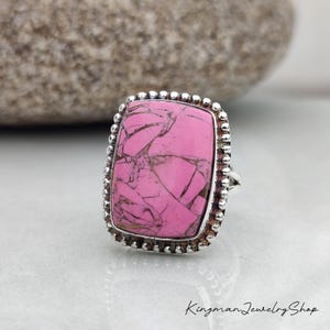 Pink Cherry Turquoise Ring, Sterling Silver Rectangular Boho Ring, Handmade Beaded Border Statement Western Jewelry Gift For Her