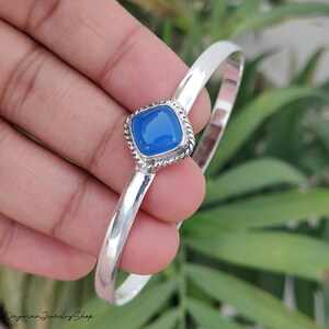 Blue Chalcedony Cuff Bracelet, Sterling Silver Square Gemstone Open Bangle, Handcrafted Minimalist Statement Charm Jewelry, Gift Item