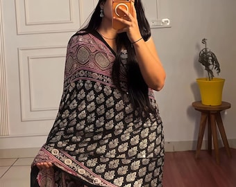 Arrival Ajrakh Print Crepe Silk Saree with Mirror Work, Festive Indian Ethnic Wear