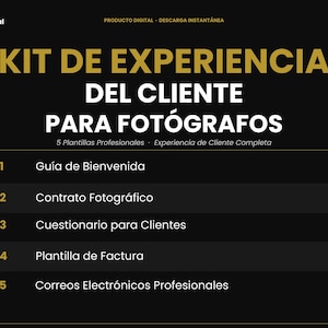 Zestaw doświadczeń klienta dla fotografów | Edytowalne | Guía de Bienvenida + Contrato + Cuestionario + Factura + Correos Profesionales