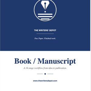 Op de afbeelding: Een digitale afbeelding in marineblauw en wit. Het toont een wit penpuntpictogram in een cirkel. Tekst bevat "THE WRITERS' DEPOT" en "Pen. Paper. Finished work." en "Book / Manuscript".