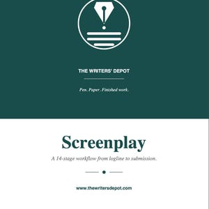 May include: A digital graphic with a white pen nib icon inside a circle, above the text "THE WRITERS' DEPOT". Below, the text reads "Pen. Paper. Finished work." The word "Screenplay" is displayed prominently.