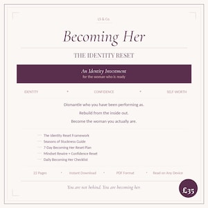 Może przedstawiać: Produkt cyfrowy zatytułowany „Becoming Her” z tekstem w kroju szeryfowym. Okładka zawiera podtytuł „The Identity Reset” i hasło „An Identity Investment for the woman who is ready”.