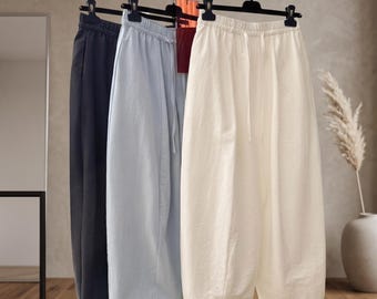 Pantalones anchos de algodón, pantalones con cintura elástica, pantalones casuales de estilo coreano para mujer.