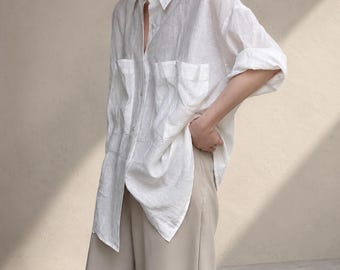 Camisa de lino y algodón estilo boyfriend, blusa de verano francesa extragrande con bolsillos.