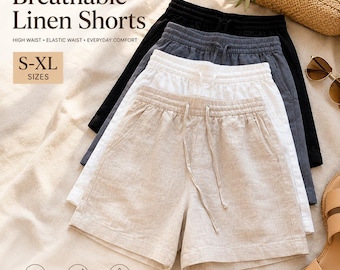 Pantalones cortos de lino de talle alto para mujer con cintura elástica, ideales para un look casual de verano en la playa.