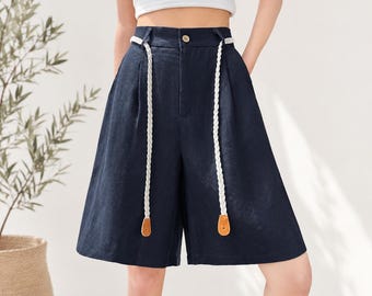 Bermudas de lino para mujer, cintura alta, pierna ancha, conjunto ideal para vacaciones de verano.