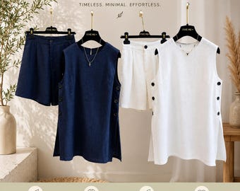 Completo da donna con canotta e pantaloncini in lino, abbigliamento estivo per vacanze e resort, due pezzi