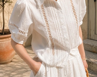 Lace Collar Striped Blouse, Puff Sleeve Cotton Top, Summer Cottagecore Shirt
