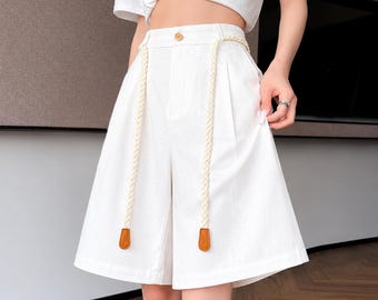 Bermudas de lino para mujer, cintura alta, pierna ancha, conjunto ideal para vacaciones de verano.