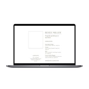 Può includere: Un computer portatile che mostra un curriculum vitae con il nome "RESEE MILLER" e il testo "Fotografa specializzata in matrimoni". Il curriculum include sezioni per "FORMAZIONE", "CONTATTI" ed "ESPERIENZE LAVORATIVE". Il portatile è argentato.