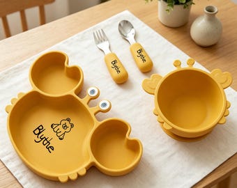 Personalisiertes Krabbenbaby-Fütterungsset, Silikonteller, Schüssel und Edelstahlbesteck