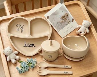 Personalized Silicone Baby Weaning Set, Heart Plate and Bib Cute Gift Box