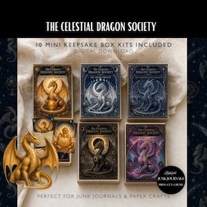 May include: A digital download set titled The Celestial Dragon Society featuring 10 mini keepsake box kits. The collection includes illustrated boxes and cards depicting various dragons such as the Sun, Moon, Constellation, Eclipse, and Nebula dragons.