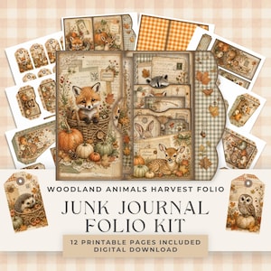 Könnte beinhalten: Ein Woodland Animals Harvest Folio Junk-Journal-Set mit druckbaren Seiten, die Illustrationen von Füchsen, Rehen, Waschbären und Eulen zwischen Kürbissen und Herbstblättern zeigen, inklusive Anhängern, Taschen und Karten mit Vintage-Papier.