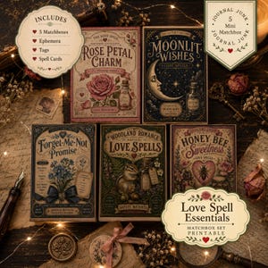 May include: A set of five decorative matchboxes featuring vintage-style illustrations titled Rose Petal Charm, Moonlit Wishes, Forget-Me-Not Promise, Woodland Romance, and Honey Bee Sweetness, accompanied by ephemera, tags, and spell cards.