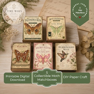 Collectible Mini Moth Matchbox Printable Set | Junk Journal Ephemera | Vintage Nature Paper Craft | DIY Matchbox Kit | Digital Download