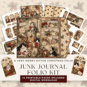 Könnte beinhalten: Ein digitales Junk-Journal-Folio-Set mit 14 druckbaren Seiten im Vintage-Weihnachtsdesign, mit Kätzchen, Stechpalmen und Schleifen. Das Set enthält Anhänger, Taschen und dekorative Elemente mit dem Text A VERY MERRY KITTEN CHRISTMAS FOLIO.