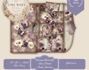 May include: A digital junk journal folio kit featuring 28 pieces with a floral and butterfly theme. The design displays purple and white flowers, lavender-toned butterflies, and vintage-style paper textures. Text includes Time Worn Studio.
