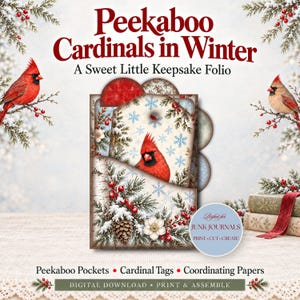 Op de afbeelding: Een digitale downloadset getiteld Peekaboo Cardinals in Winter met een aandenken-folio, kardinaal-labels en zakjes. Het ontwerp bevat rode kardinalen, dennentakken, bessen en sneeuwvlokken op een crèmekleurige achtergrond met tekst.