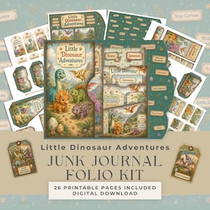 以下が含まれることがあります： Little Dinosaur Adventuresのジャンクジャーナルフォリオキット。恐竜、卵、風景が描かれた26枚の印刷可能なページが含まれ、緑、オレンジ、茶色の色調で、BraveやAdventureといったテキストが記載されたタグやラベルが付属しています。