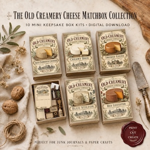 May include: The Old Creamery Cheese Matchbox Collection featuring 10 mini keepsake box kits as a digital download. Five rectangular boxes display illustrations of Aged Farmhouse Cheddar, Creamy Brie, Smoked Gouda, Blue Stilton, and Red Leicester.
