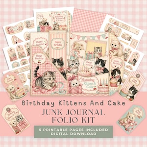 Puede incluir: Un kit de folio para junk journal con páginas imprimibles que incluyen ilustraciones de gatitos, pasteles de cumpleaños y cerezas. El texto dice Birthday Kittens And Cake JUNK JOURNAL FOLIO KIT 5 PRINTABLE PAGES INCLUDED DIGITAL DOWNLOAD. Fondo de cuadros vichy rosa.