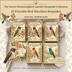 Kolibri-skräpjournalkit, utskrivbara matchbox-minnesaskar, vintage fågelmotiv, blommiga och kräsna utklipp, digital nedladdning av papperspyssel