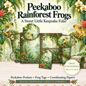 May include: A digital download kit titled Peekaboo Rainforest Frogs A Sweet Little Keepsake Folio featuring frog-themed pockets, tags, and papers with lush jungle foliage, red-eyed tree frogs, and orchids for crafting junk journals.