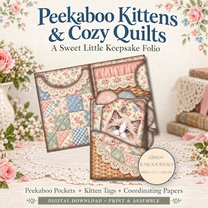 Kitten Junk Journal Folio Kit, Shabby Chic Cat Ephemera, Pockets, Floral, Tags & Quilt Papers, DIY Paper Craft Digital Download.