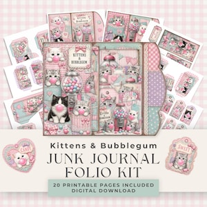 Cat Junk Journal Folio Kit, Kittens & Bubblegum, 20 Printable Pages, Kitten Ephemera, Fussy Cuts, Tags, Pockets, Scrapbook Digital Download.