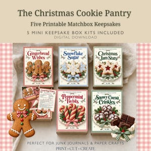 Op de afbeelding: Een digitale downloadset getiteld The Christmas Cookie Pantry met vijf printbare luciferdoosje-souvenirsets. De ontwerpen omvatten Gingerbread Wishes, Snowflake Sugar, Christmas Jam Stars, Peppermint Twists en Snowy Cocoa Crinkles.