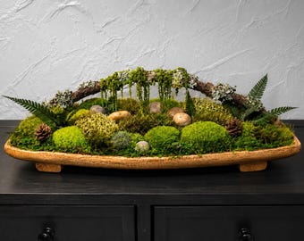 Preserved Moss Woodland Centerpiece | Handcrafted Forest Elements, Natural Arch, Wooden Tray